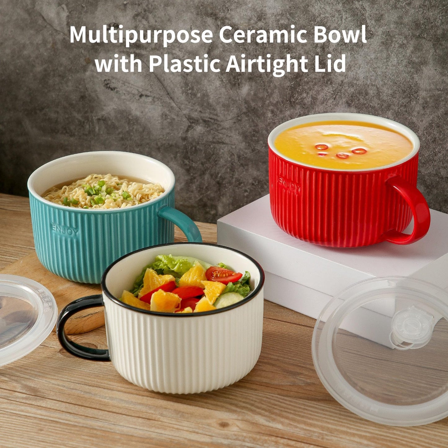 Seyatoo Soup Bowl with Handle, 5.6 inch Ceramic Soup Mug with Lid, Large Microwave Soup Cup Ramen Bowl for Oatmeal, Salad, Ramen and Instant Noodles, Red
