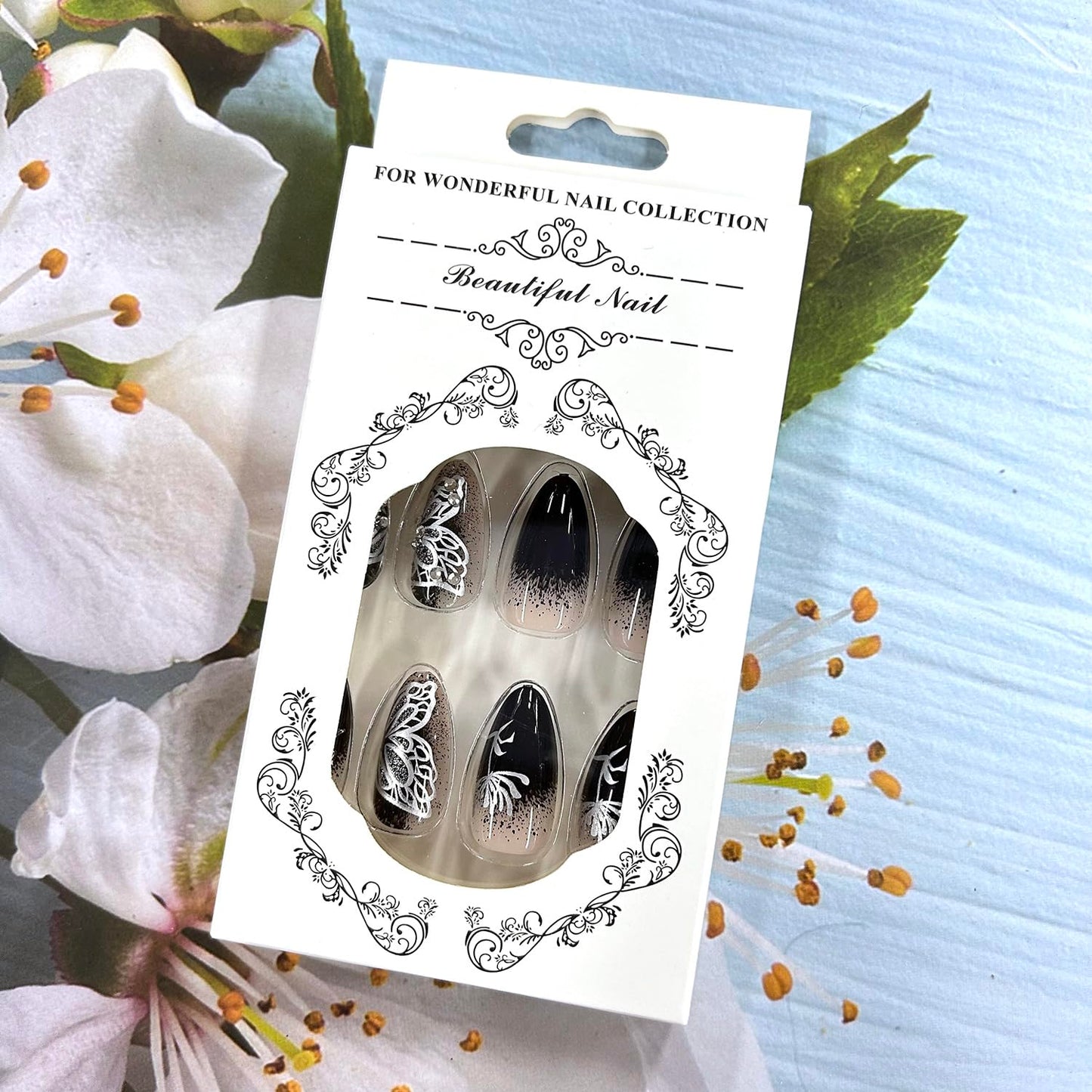 Butterfly Medium Black Gradient Almond Tip Full Cover Coffin Nails - Rhinestones Design, DIY Glue on Nails for Women