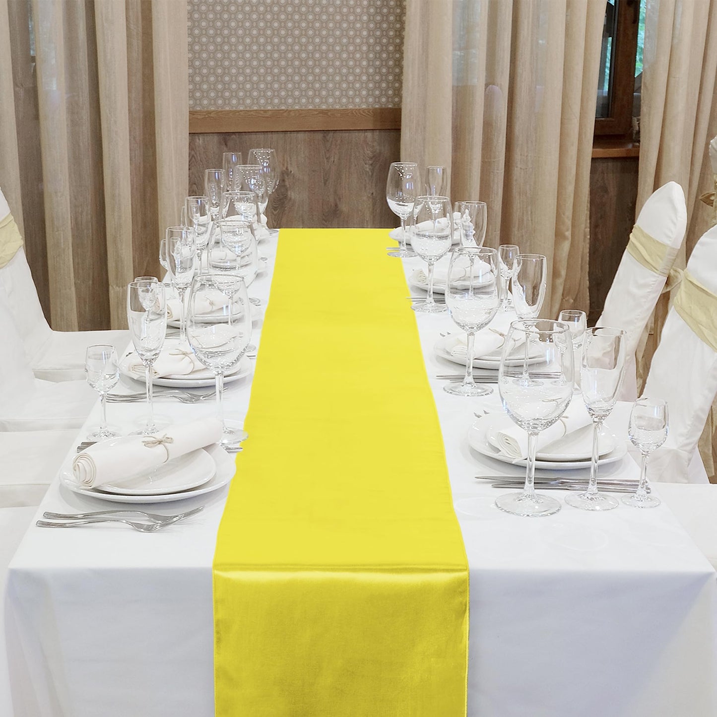 ANECO 4 Pack Satin Table Runner 12 x 108Inch Long Bright Silk and Smooth Fabric Party Table Runner for Wedding Banquet Party Decoration- Yellow