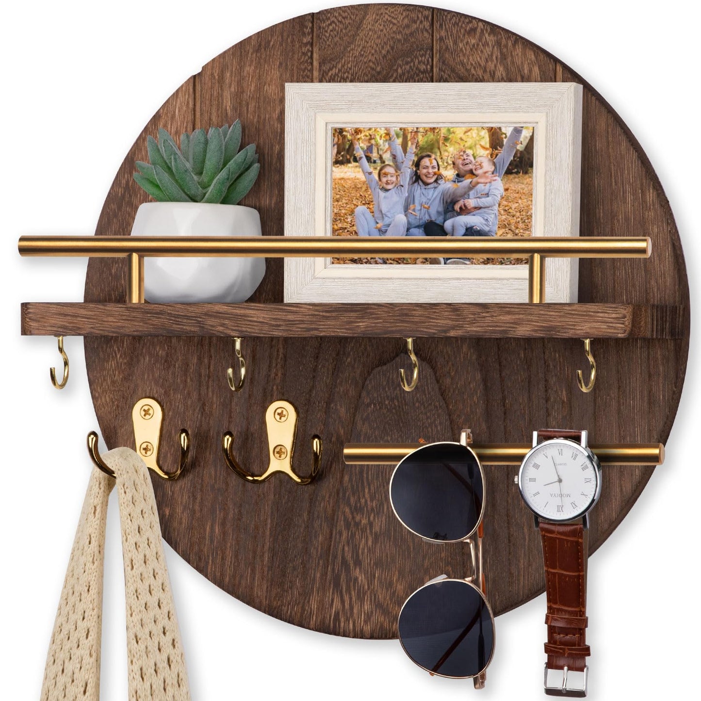 Nekon Key Holder Wall Mount, 11.8 Inch Rack With Shelf and 6 Hooks, Rustic Mail Organizer, Circular Wooden Hanger for Entryway Hallway Kitchen (Brown&Gold)