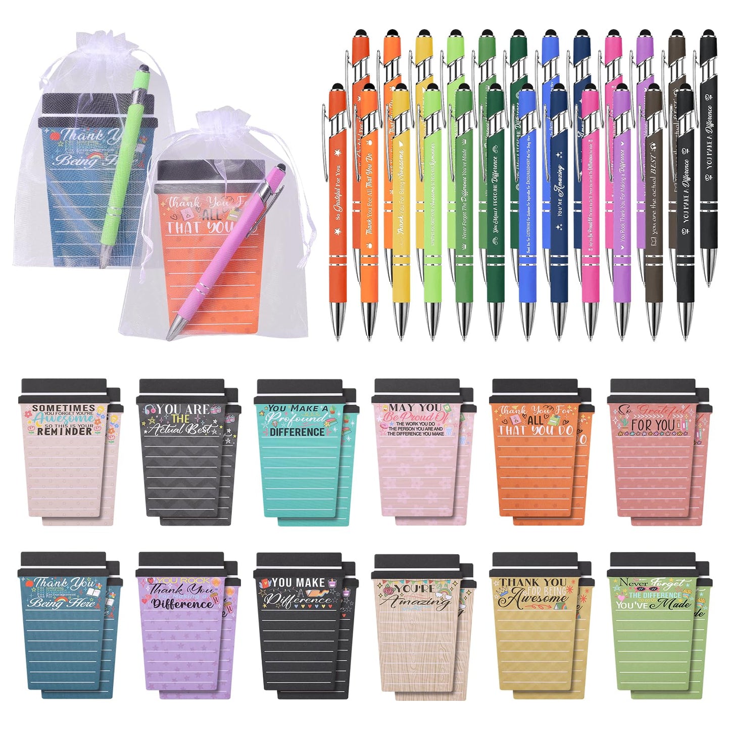 Mkway 24 Set Employee Appreciation Gifts Bulk Team - 24 Pack Coffee Cup Notepad+24 Ballpoint Pens+ 24 Drawstring Gift Bags, Bulk Gifts for Coworkers/Staffs/Teachers/Christmas