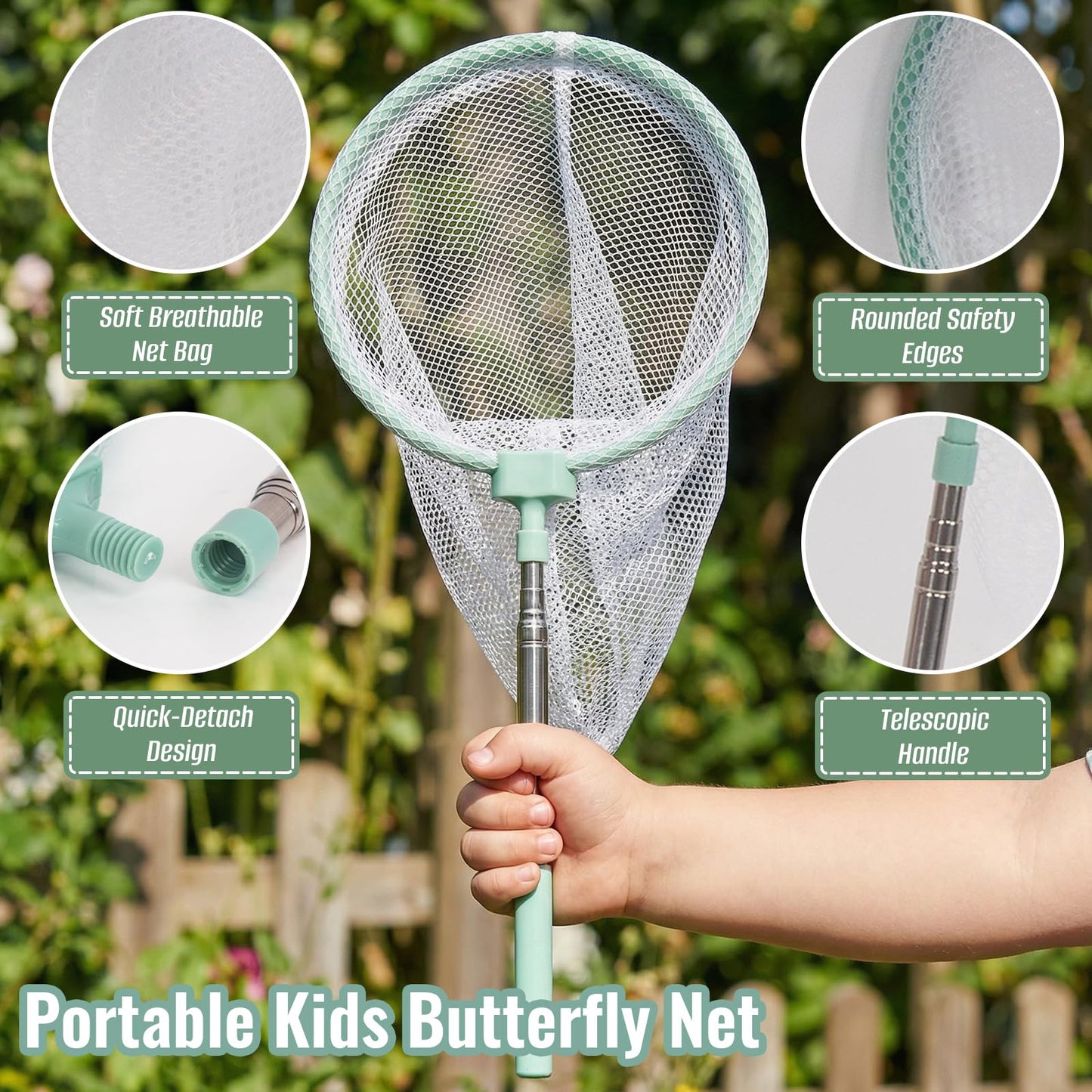 Wooden Bug Catcher Kit for Kids 3-8, 8 PCS Outdoor Explorer Kit with Bug Collector Toy Bugs Card Butterfly Net Magnifying Glass Insect Catcher Tweezers, Bug Catching Kit for Backyard & Camping
