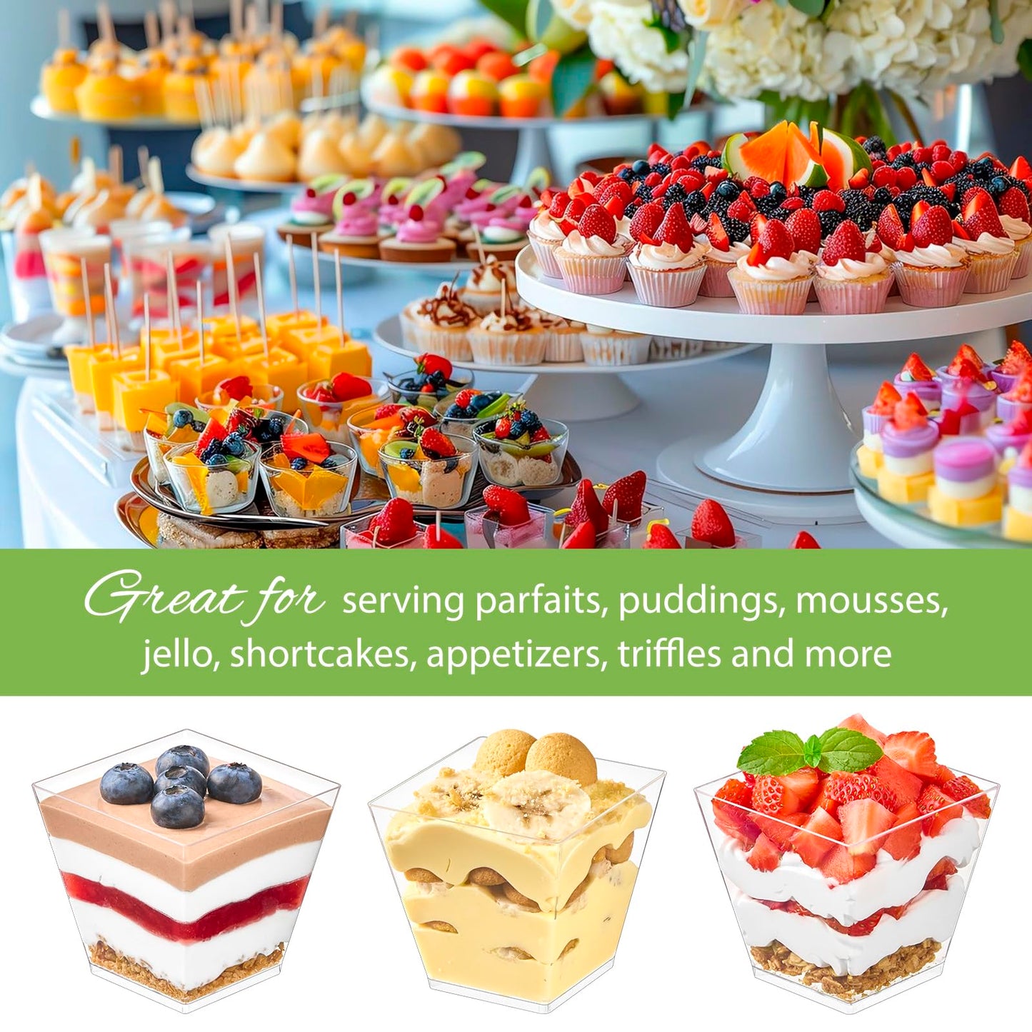 Zezzxu 7 oz Square Mini Dessert Cups with Spoons - 50 Pack Plastic Pudding & Parfait Cups Party Dessert Shooters for Serving Trifle Mousse Cake Appetizers