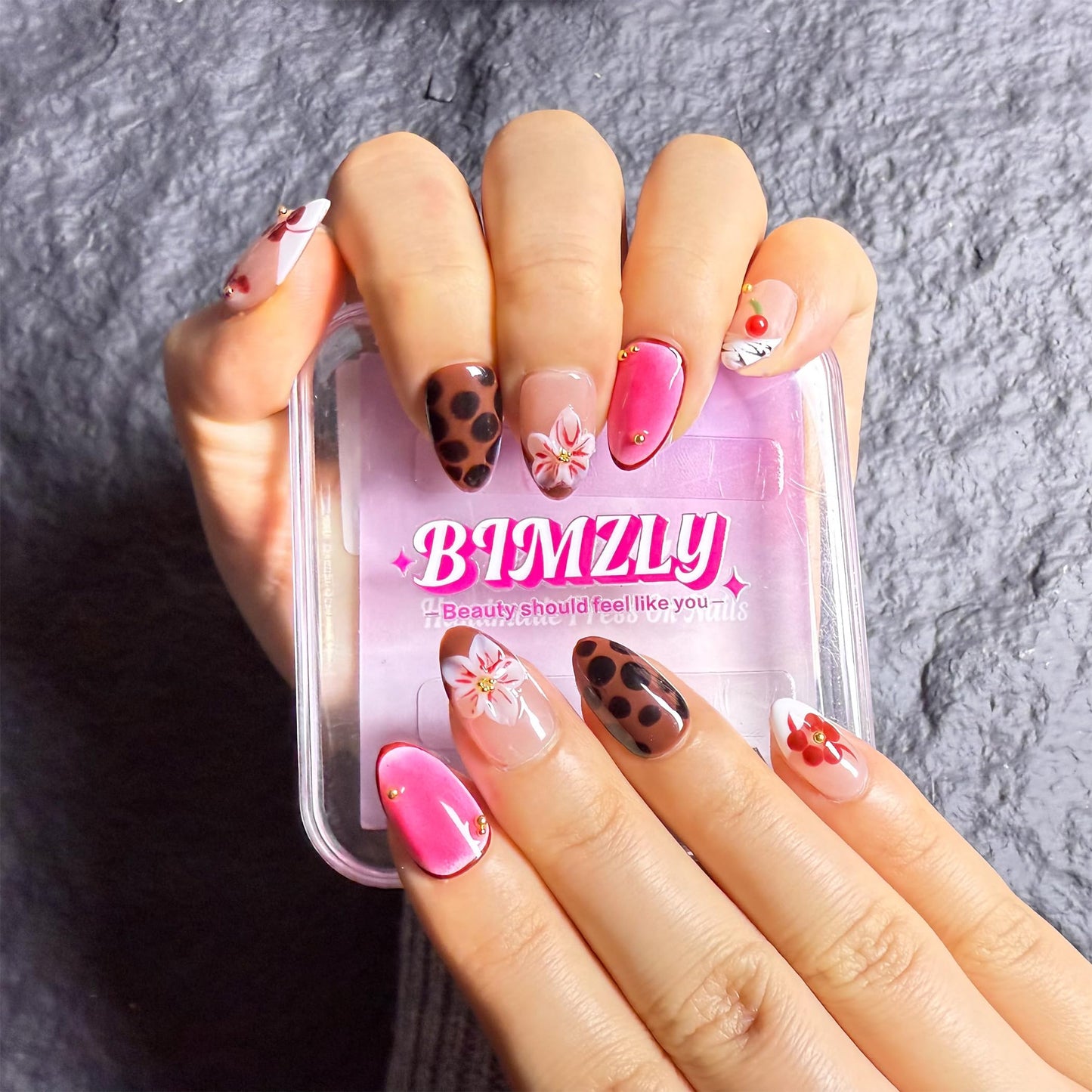 Handmade Press On Nails Almond Short Cherry Red Floral Leopard Handmade Nails 3d Floral Reusable Wedding Prom And Festival Gift Handmade Acrylic Press On Nails (Medium)