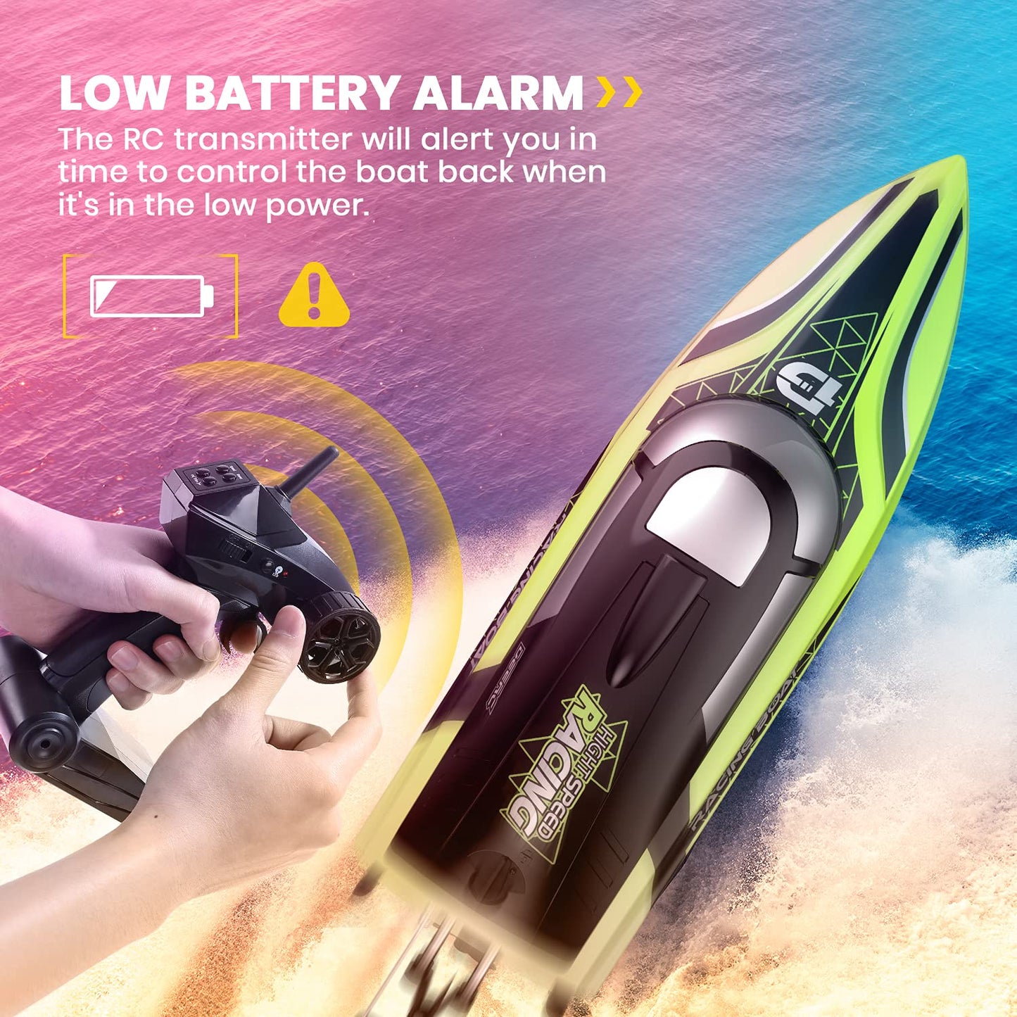 DEERC 14-Inch RC Boat, 20+ MPH High Speed Remote Control Boat for Pool & Lake, Auto Self-Righting, 2 Batteries, 493FT Control Range, LED Lights, 2.4GHz Full Proportional Control, Water Toy Gift