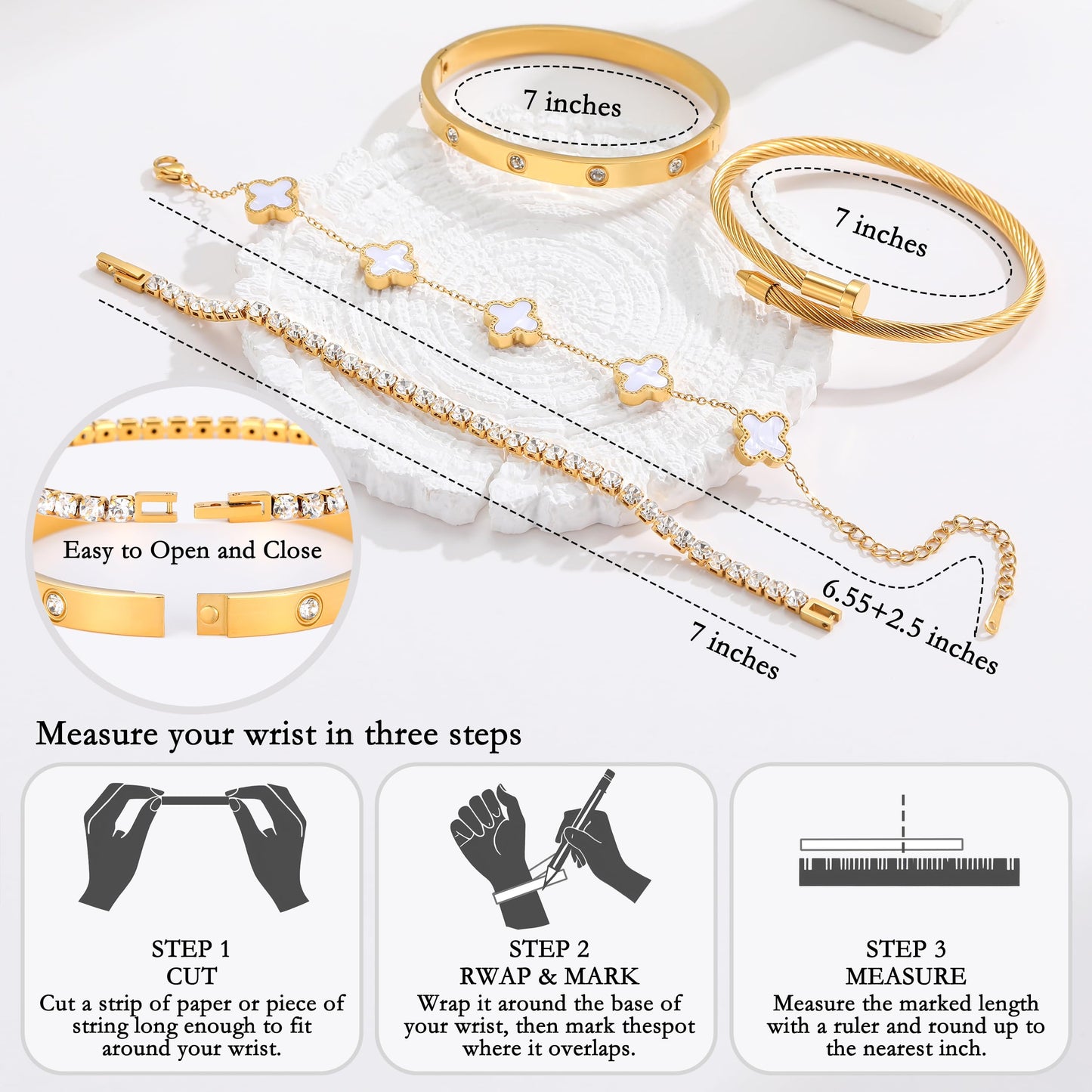 Jzrow 18K Gold Plated Bangle Bracelets Stack for Women,Four Leaf Clover Stackable Bracelets Non Tarnish,4 Pcs Jewelry sets Gifts (White)