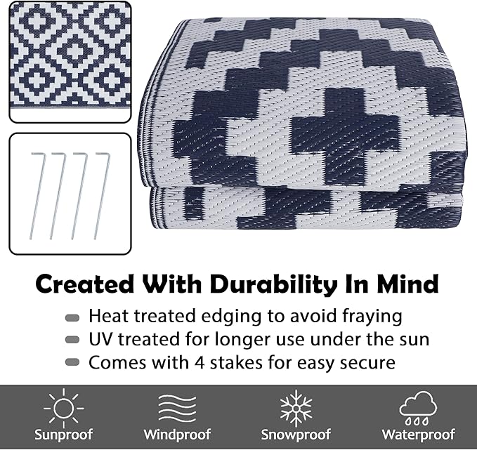 SAND MINE Reversible Mats, Plastic Straw Rug, Modern Area Rug, Large Floor Mat and Rug for Outdoors, RV, Patio, Backyard, Deck, Picnic, Beach, Trailer, Camping, Dark Blue & White, 6' x 9'