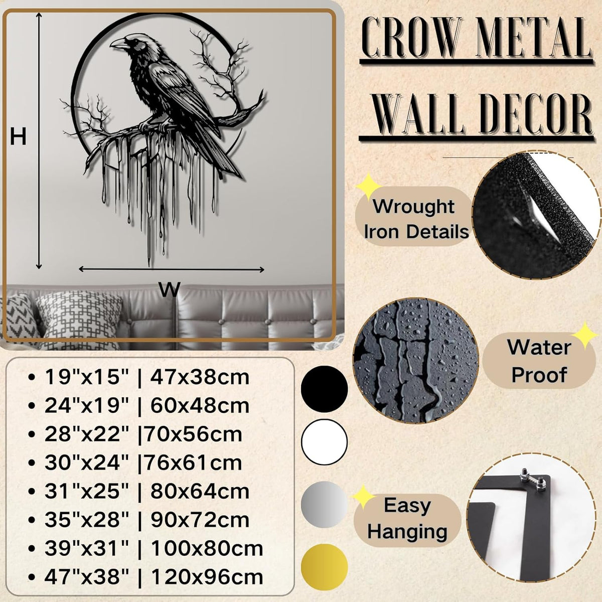 Crow Metal Wall Decor, Raven Wall Art, Large Gothic Raven Decor Hangings, Bird Wall Decor, Metal Tree Branch Decor, Ravens Sign, Raven Art for Living Room (White, 30"x24" |76x61cm, metal wall art)