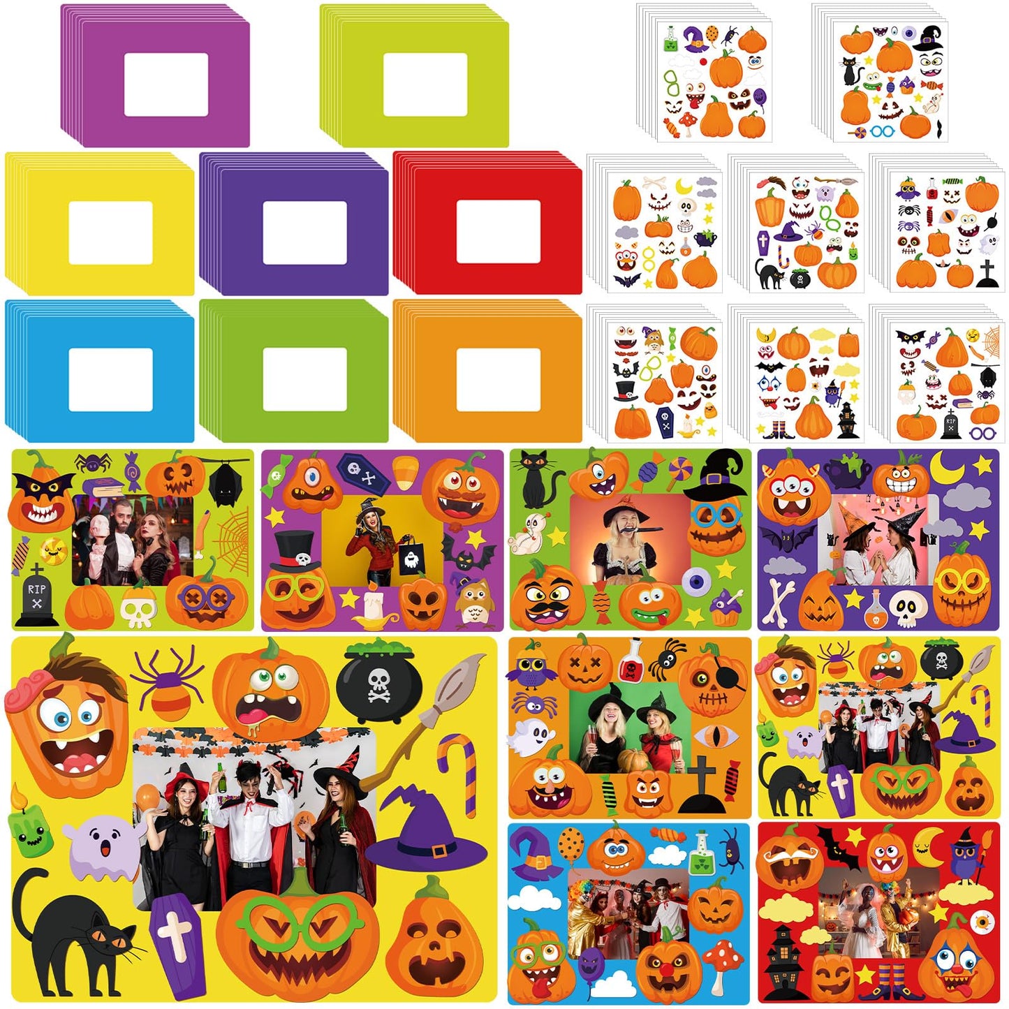 Qunclay 96 Pcs Halloween Picture Frame Craft Pumpkin Make a Face Stickers Picture Frames DIY Photo Frame Craft Classroom Home Game Activities Holiday Gift