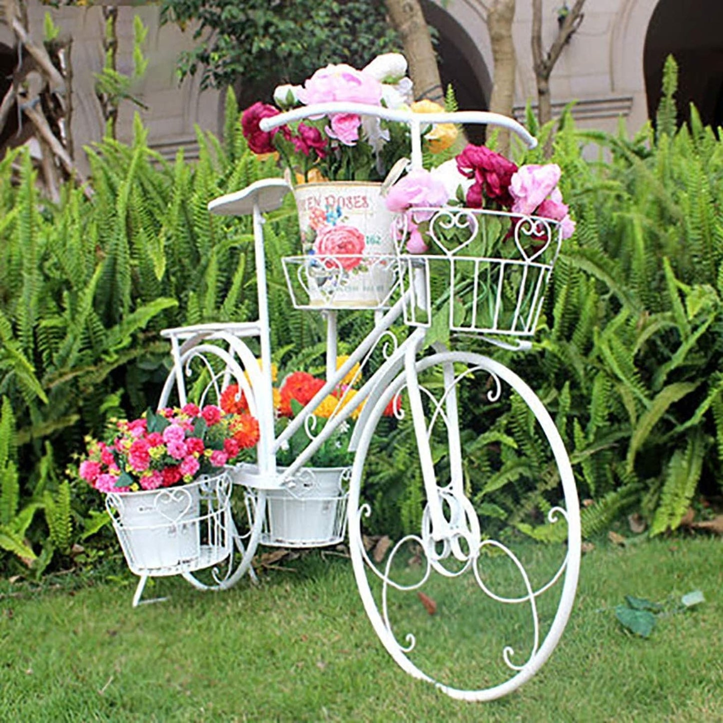 Bicycle Plant Stand Flower Pot Holder with 4 Baskets for Outdoor Garden Patio Wrought Iron Planter Display Rack for Home Deck Green