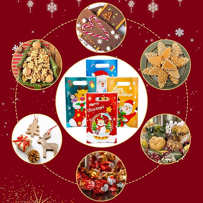 100 PCS Christmas Treat Bags with Handles, Christmas Goodie Bags, Xmas Gift Bag, Plastic Snowman Santa Claus Candy Goody Cookie Snack Bag Holiday Party Favor Bag for Xmas Winter Party Favor Supplies