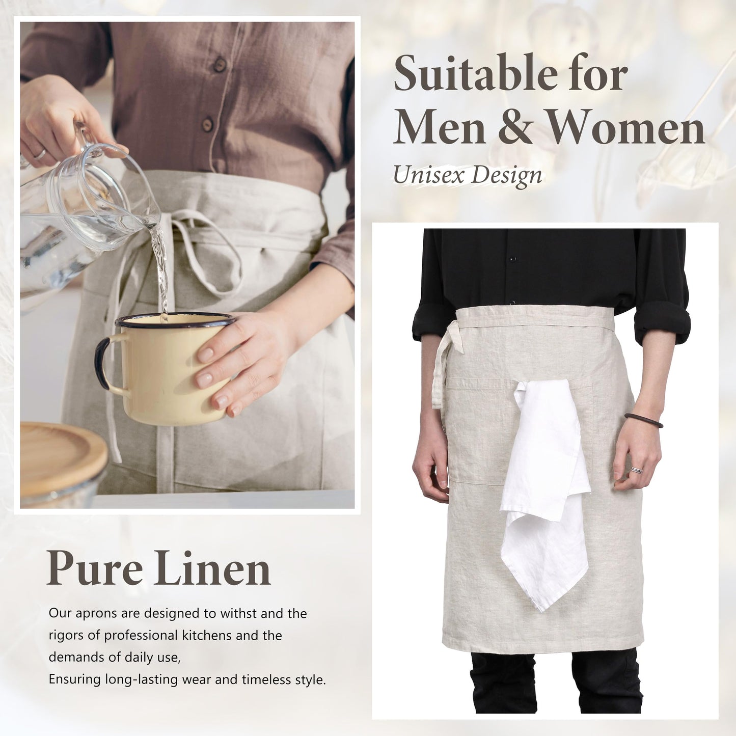 TRITON LINEN Pure Linen Apron - 25 x 35 Inch Bistro Half Apron with Large Pocket Unisex Waist Aprons Ideal for Kitchen Crafts and More (Natural Linen)