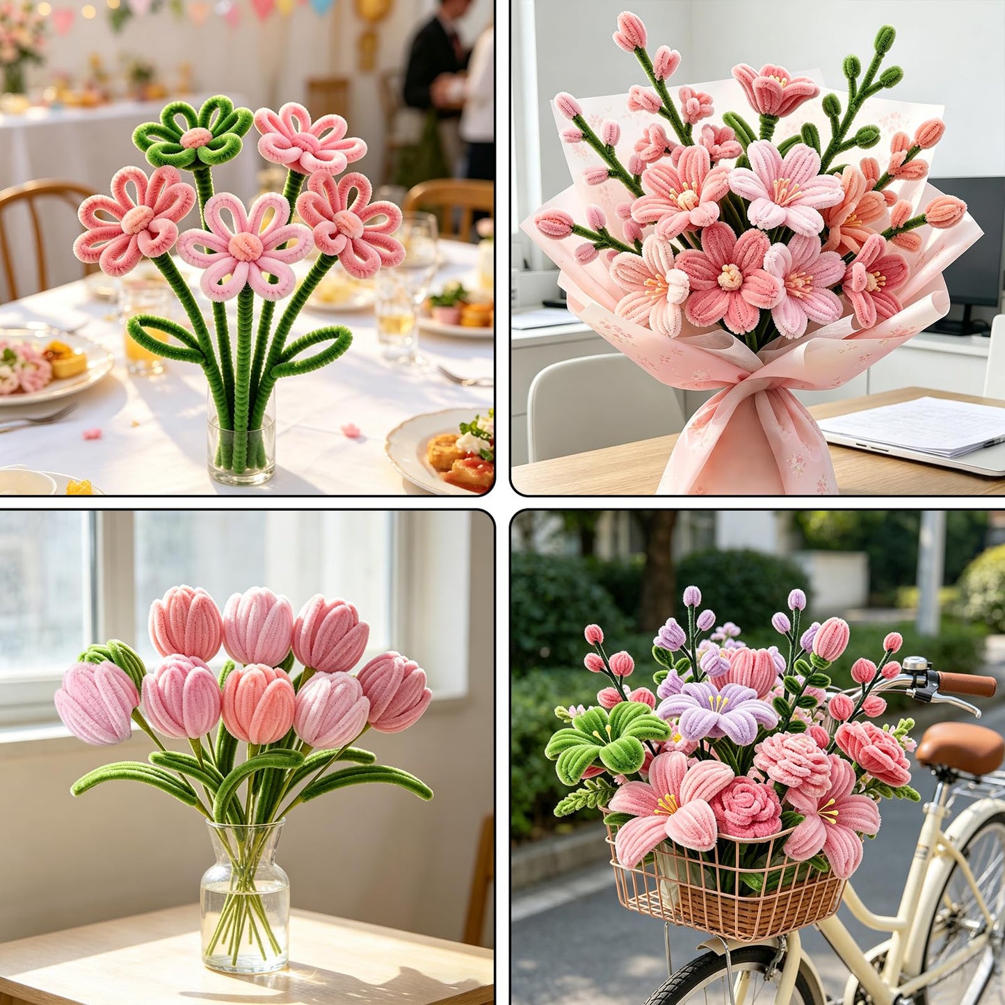 CHRORINE 320 Pcs Pipe Cleaners Bulk Pipe Cleaner Flower Kit Craft Supplies Soft and Flexible Creative Suitable for Art DIY Packaging and Decoration- Green, Light Pink, Pink, Dark Pink