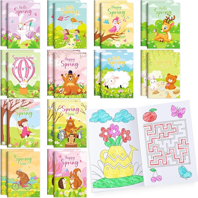 BenLouis 24 Pcs Spring Mini Coloring Books Kids Easter Party Favors Small Activity Books Bulk for Kids Spring Butterfly Flower Bee Birthday Goodie Bags Stuffers Return Gifts Classroom Travel