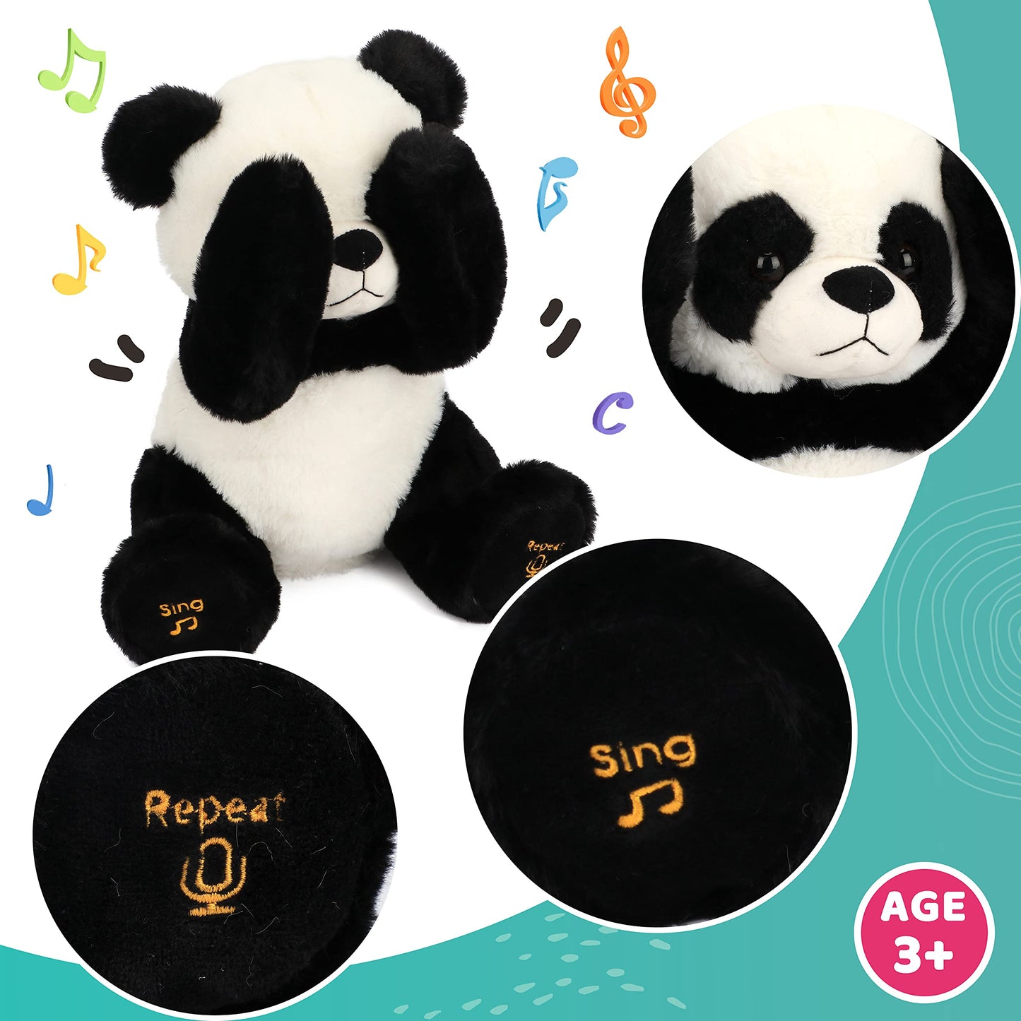 Cuteoy Peek A Boo Panda Bear Plush Toy Interactive Electric Stuffed Animal Repeats What You Say Singing Talking Musical Plushies Gifts for Christmas Birthday 11''