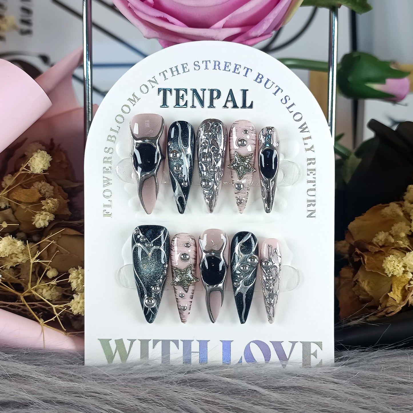 TENPAL Pink Black Press on Nails Long Stiletto,Metal Gothic Fake Nails with Punk Stars Beads,Cat Eye Glitter Edgy Y2K Ins False Nails with Tools,Sweet Grunge Irregular 3D Handmade Nails 10pcs(S)