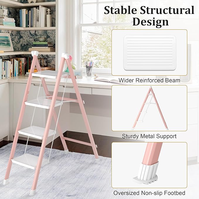 4 Step Ladder, Folding Step Stool with Anti-Slip Wide Pedal, Anti-Slip Feet, Sturdiest Steel Construction, Steel Ladder for Home and Office, Pink White
