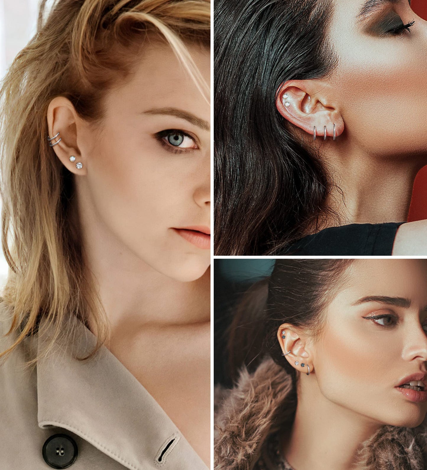 MJust Titanium Earrings for Sensitive Ears 20G Hypoallergenic Stud Hoop Earrings for Women Men Opal Ball CZ Heart Pearl Flat Back Earrings Cartilage Earrings Set