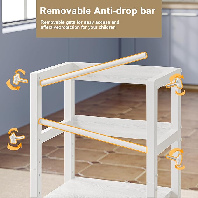 Kitchen Step Stool for Toddlers, Height Adjustable Toddler Tower with Safety Rail, Steel and Wood Toddler Kitchen Stool Helper Kids, Stool for Kids, Learning Tower, Kids' Desk White