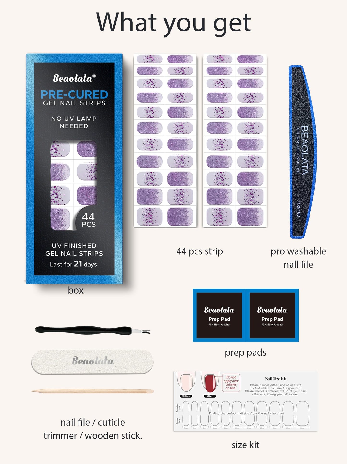 Beaolata Real Gel Nail Strips (No UV Light Needed) - 44Pcs Salon Quality Nail Stickers - Long Lasting Polish Wraps for Women, Easy Apply & Remove (Galaxy Jewel Purple)