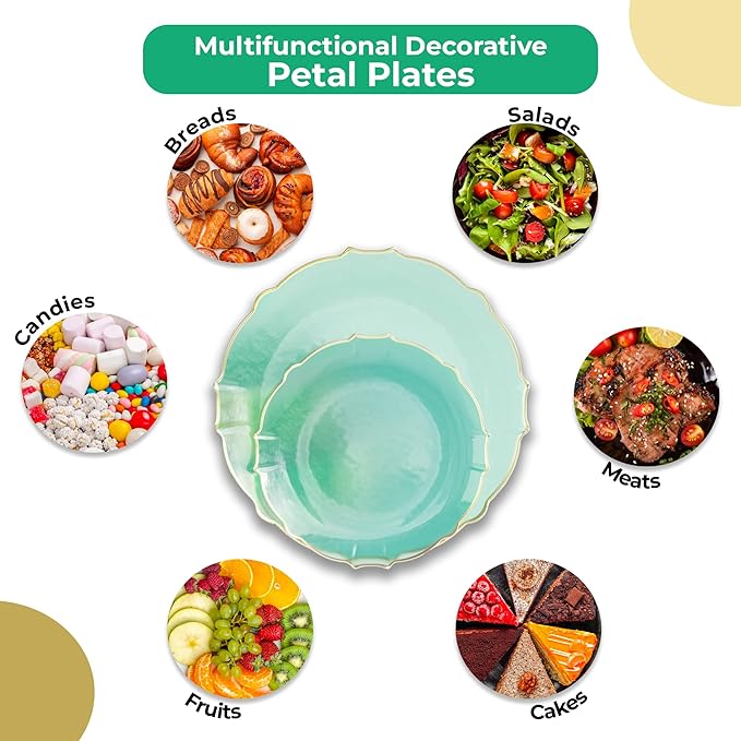 Mint & Gold Rim Disposable Party Plates 40pc – Fancy Plastic Dinnerware Set for 20 Guests | Dessert & Dinner