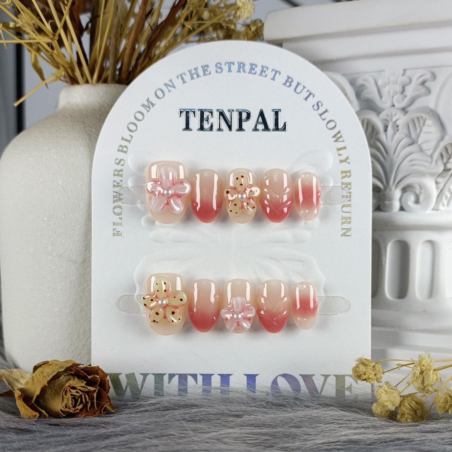 TENPAL Handmade Press On Nails Short Oval 10Pcs with Tools Kit, Coral Blush Gradient Pink Glue on Nails with Hand-Sculpted Flowers, Reusable Glossy Summer Beach Vacation Fake Nails for Teens Girls(L)