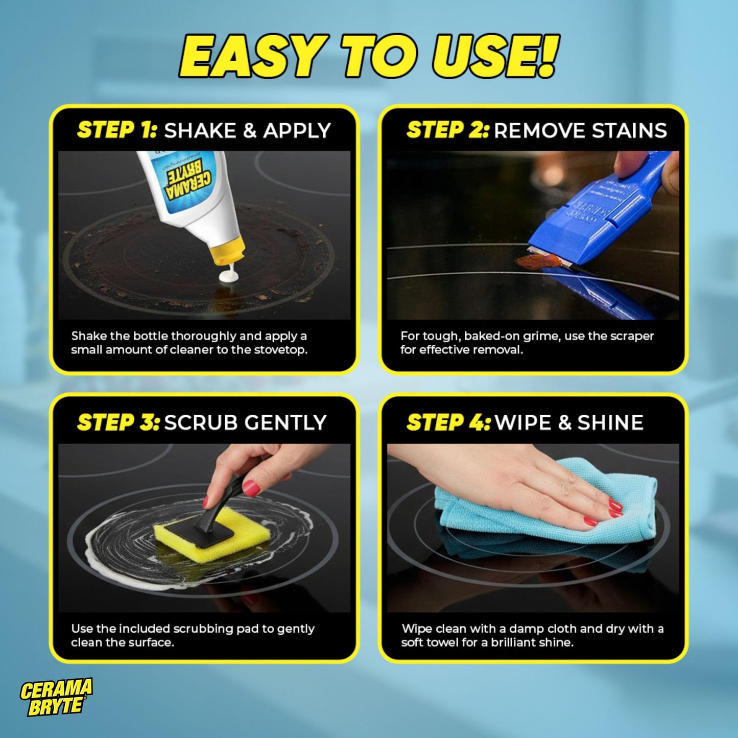 Cerama Bryte Glass Cooktop and Stove Top Cleaner Combo Kit - Includes Cleaning Tool, Razor, Scraper and 3 Pads to Remove Tough Stains - Use on Gas, Electric, Ceramic Surfaces, 10 Ounces, 6 Piece