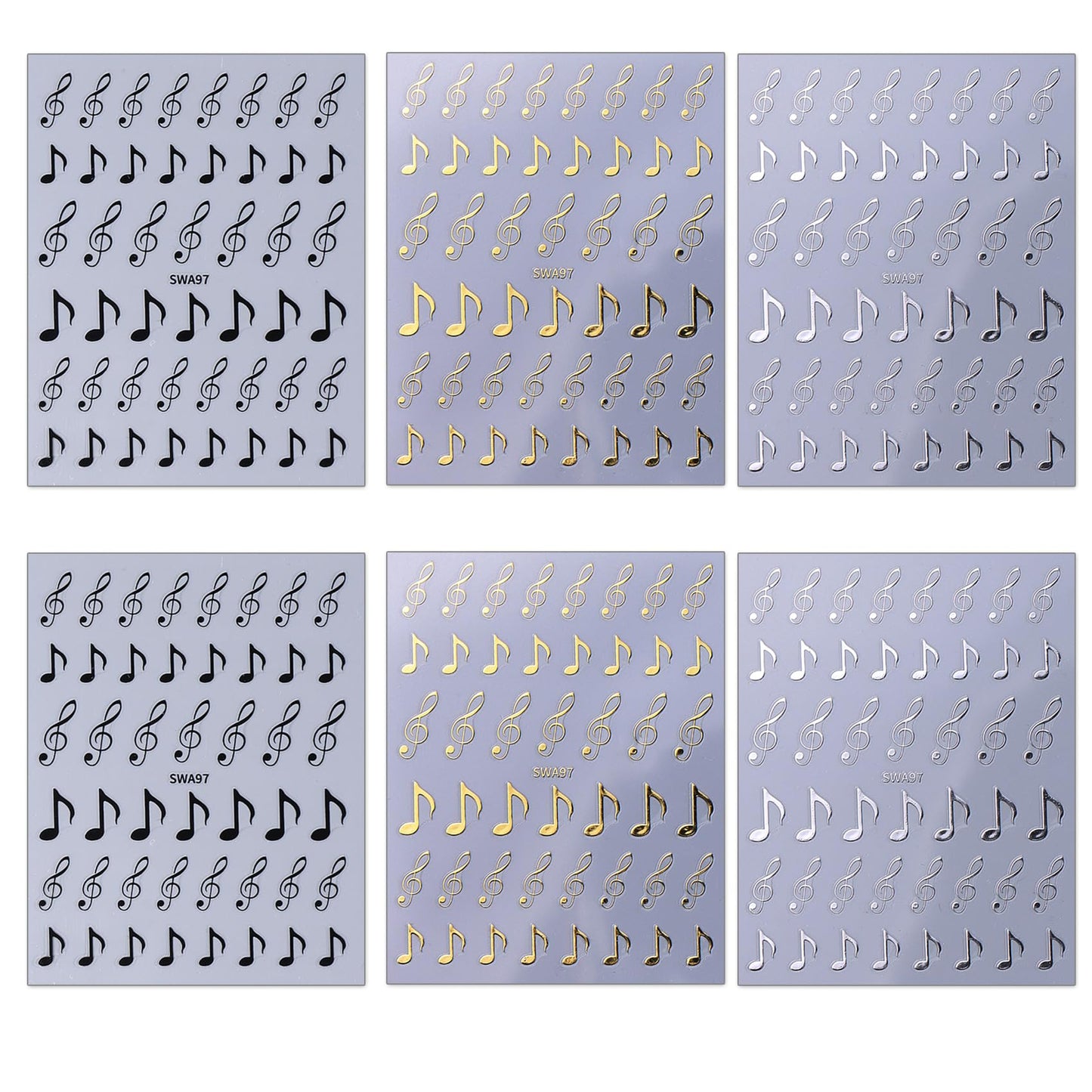 TailaiMei Music Nail Stickers, 3D Gold Black White Design Self-Adhesive Nail Art Decals for DIY Nail Decorations (510)