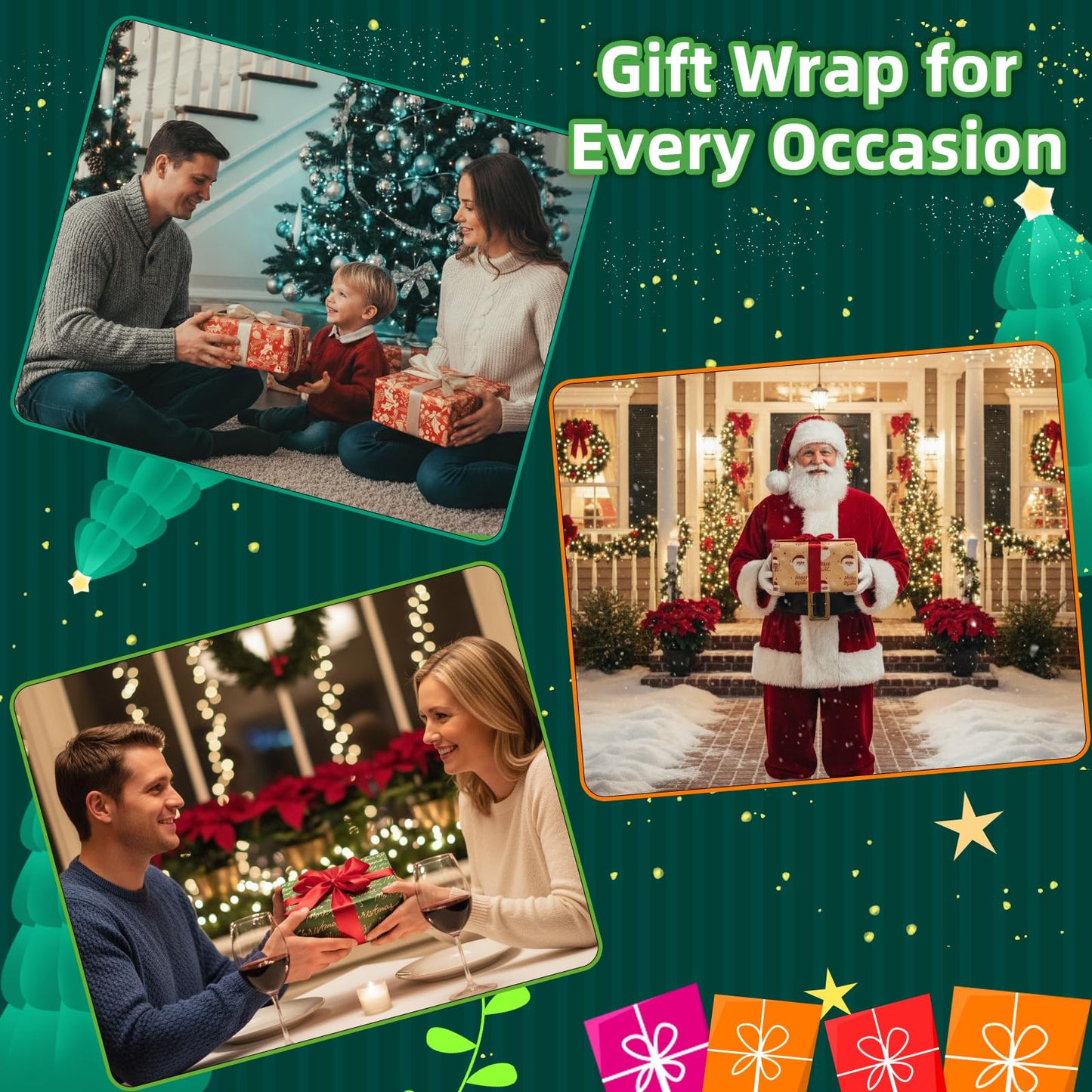 Christmas Kraft Wrapping Paper (4 Rolls, 93 sq. ft. ttl) Santa Claus, Snowflakes, Merry Christmas Script, Pinecones and Foliage Patterns for Holiday Gift Wrap - 17 Inches x 16.5 Feet Per Roll
