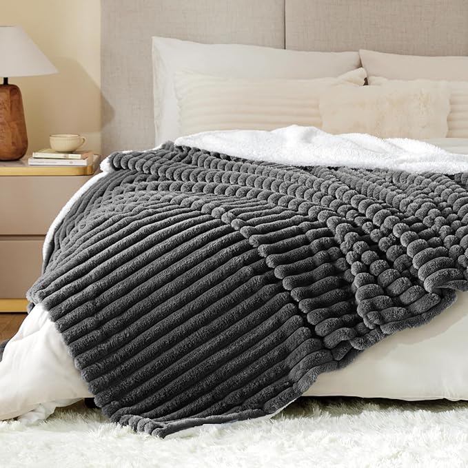 INFIIXSO Sherpa Throw Blanket for Couch - Super Soft & Warm Striped Fleece Blanket, Cozy Plush Fluffy Blanket All Season Use (Grey, 60x80 Inches)