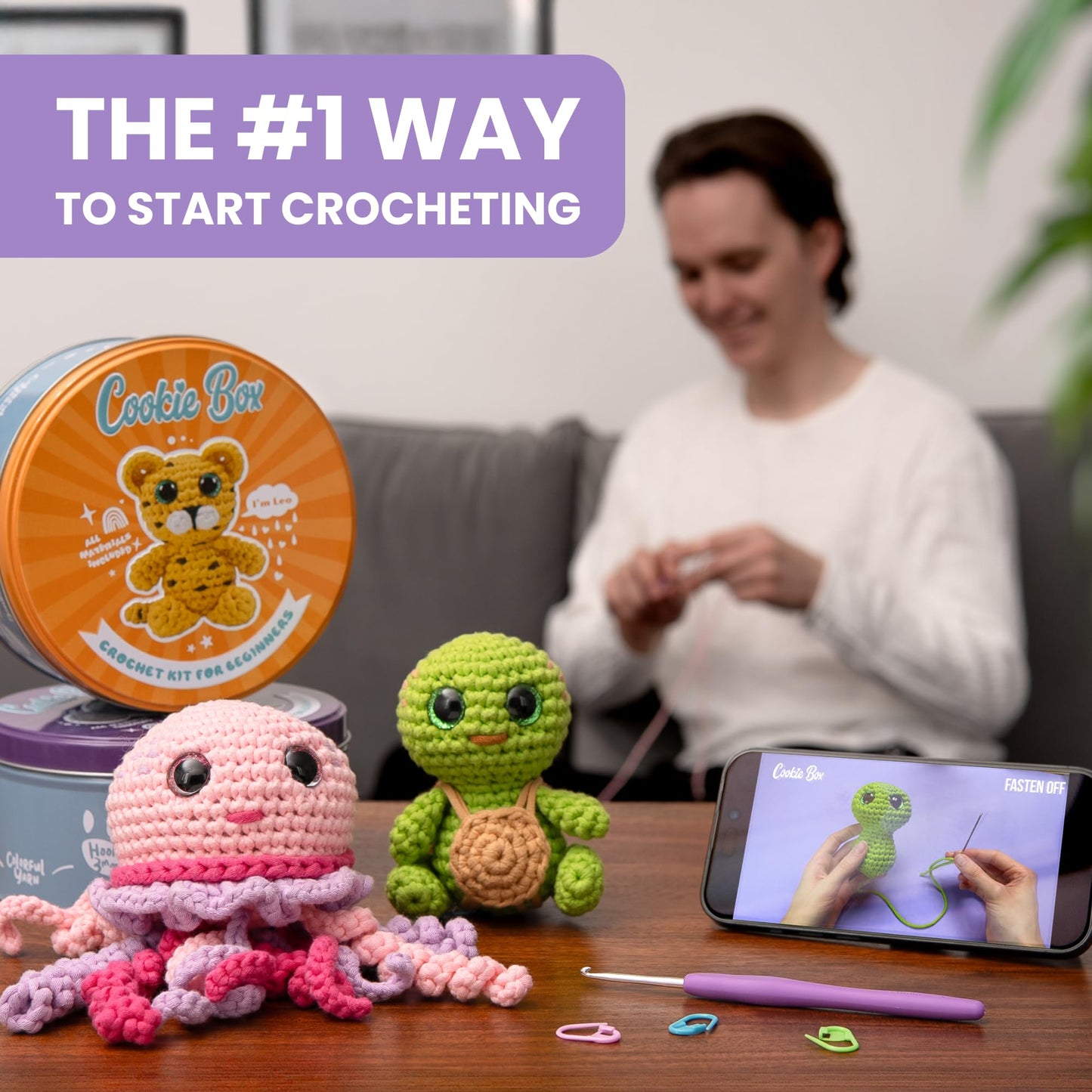 Cookie Box Original Crochet Kit for Beginners – Gift Set to Make Jellyfish Jenny Amigurumi Plushie – Easy DIY Crochet & Knitting Starter Kit with Video and PDF Tutorials