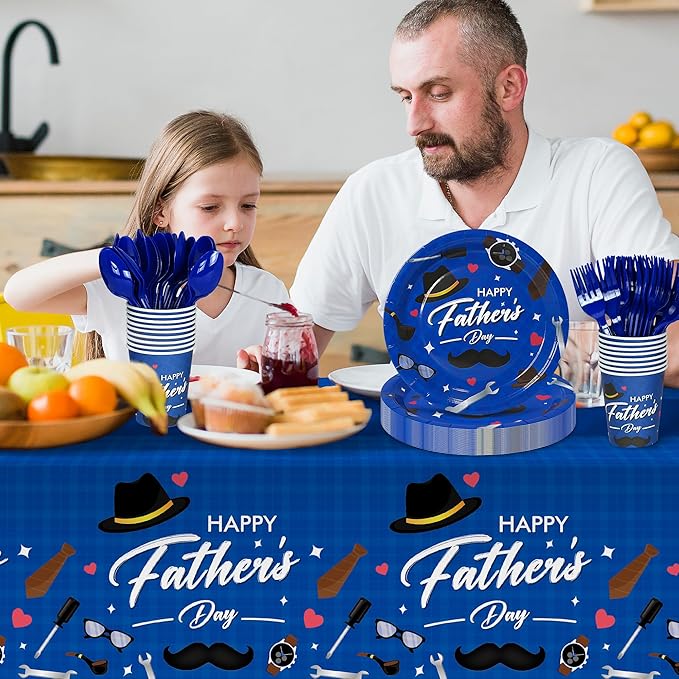 132 Pcs Father's Day Party Supplies for 26 Guests | Disposable Blue Tableware Set with Plates, Cups, Cutlery & Tablecloth