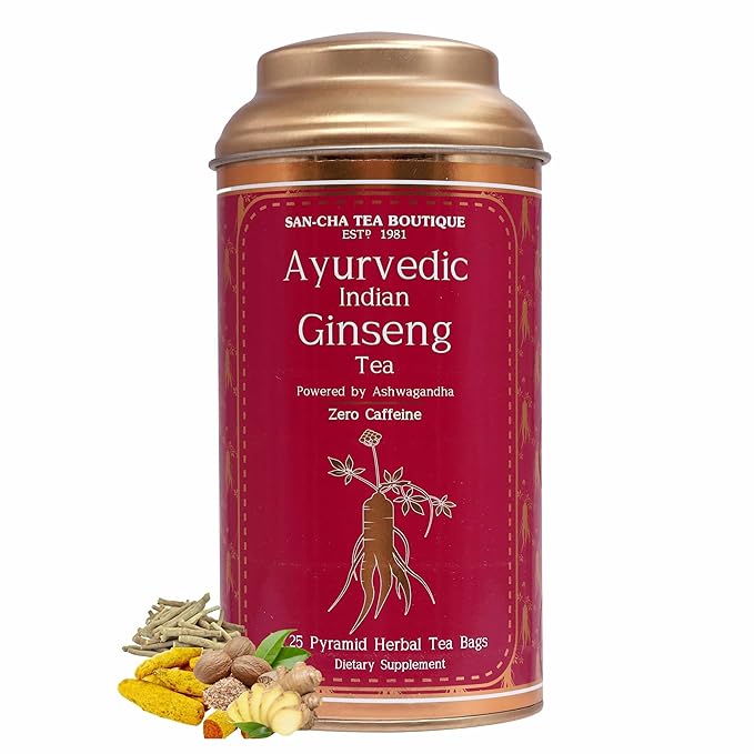 Sancha Tea Boutique, Indian Ginseng Tea, Ashwagandha Chai, 25 Pyramid Bags, Caffeine Free Herbal Tisane, Indian Ayurveda Blend