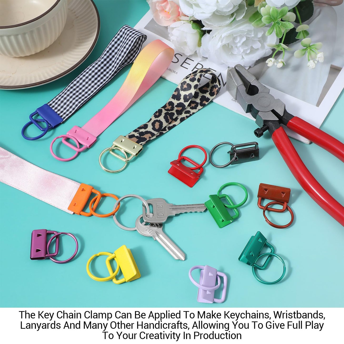 36 Pcs 1 Inch Key Fob Hardware Set with 1 Pcs Key Fob Pliers - 12 Colors Wristlet Hardware & Keychain Clamp Kit for DIY Wristlet Keychain and Lanyard Making Supplies