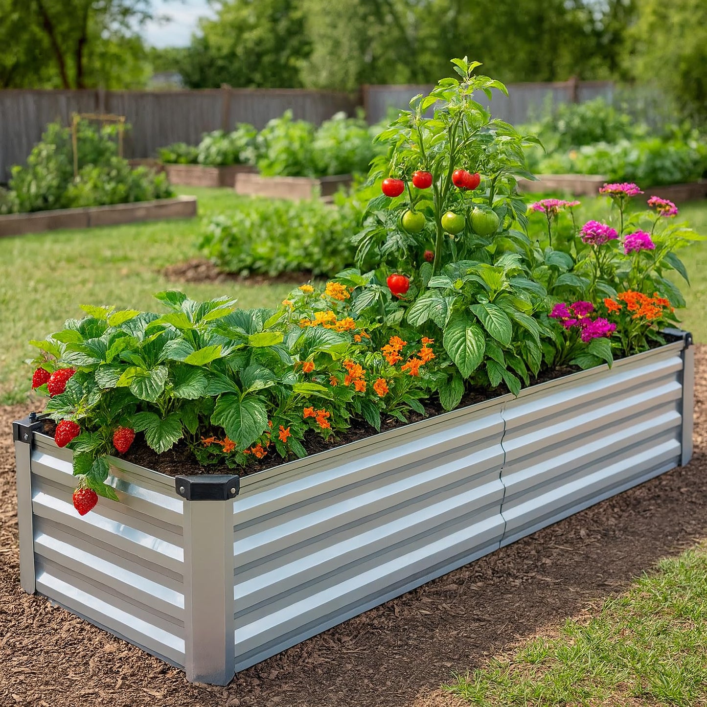 Bujijun 2 Pack 8x2x1FT Galvanized Metal Raised Garden Bed Kit for Vegetables, Herbs, Open-Bottom Large Capacity Outdoor Planter Box Gardening Stakes, Silver