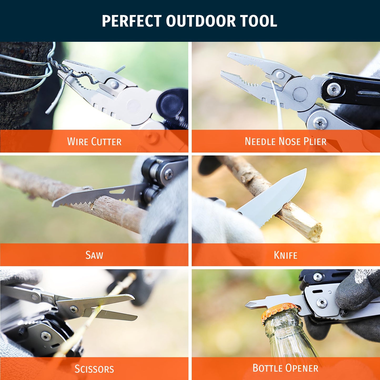 INWELL 12-in-1 Multitool Pliers with Safety Lock, Fire Starter & Whistle, Stainless Steel Pocket Knife, Camping Multitool with Detachable Scissors for Outdoor Survival, EDC Gear