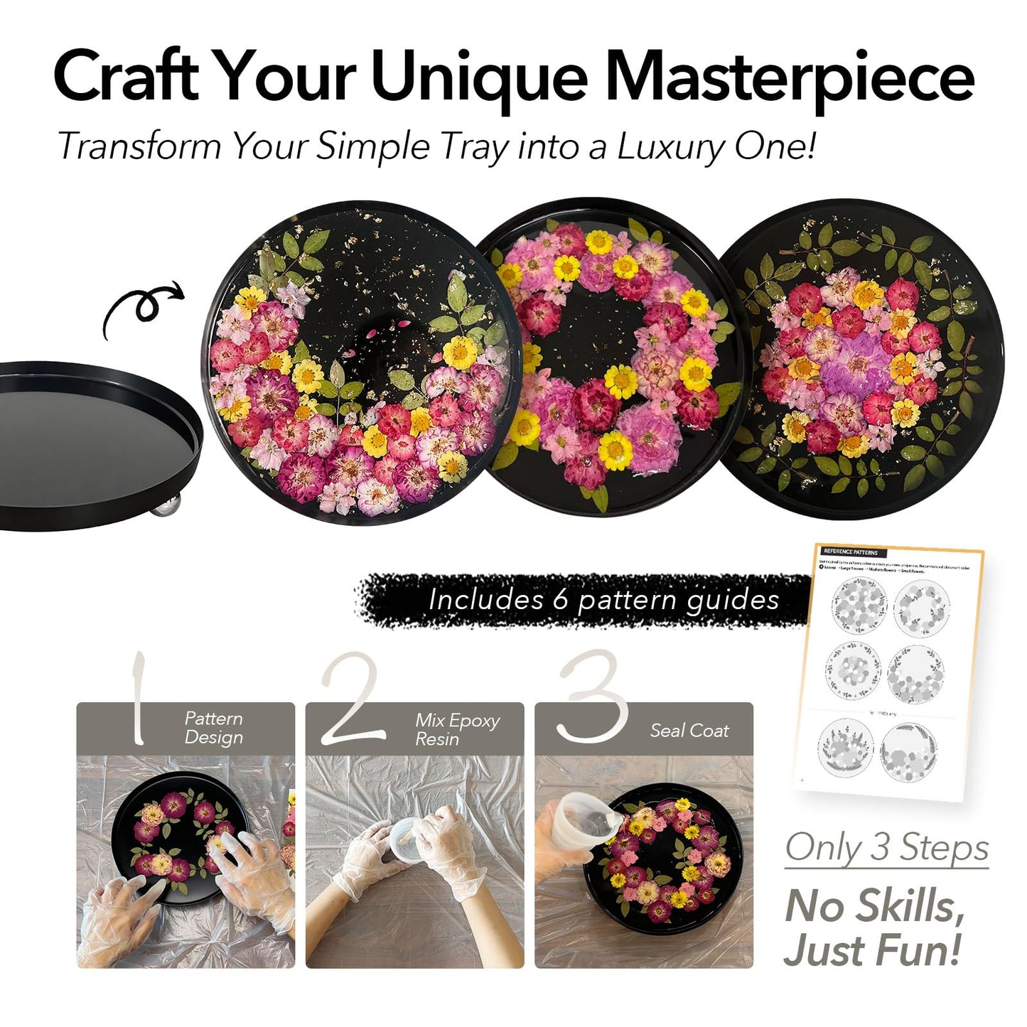 Auraeve All-in-One Craft Resin Kit for Adult - Create Your Own Real Flower Tray, Gift for Crafter Women, Beginner Friendly, Use as Vanity, Perfume, Trinket Organizer, 9.8" (Black-Basic)