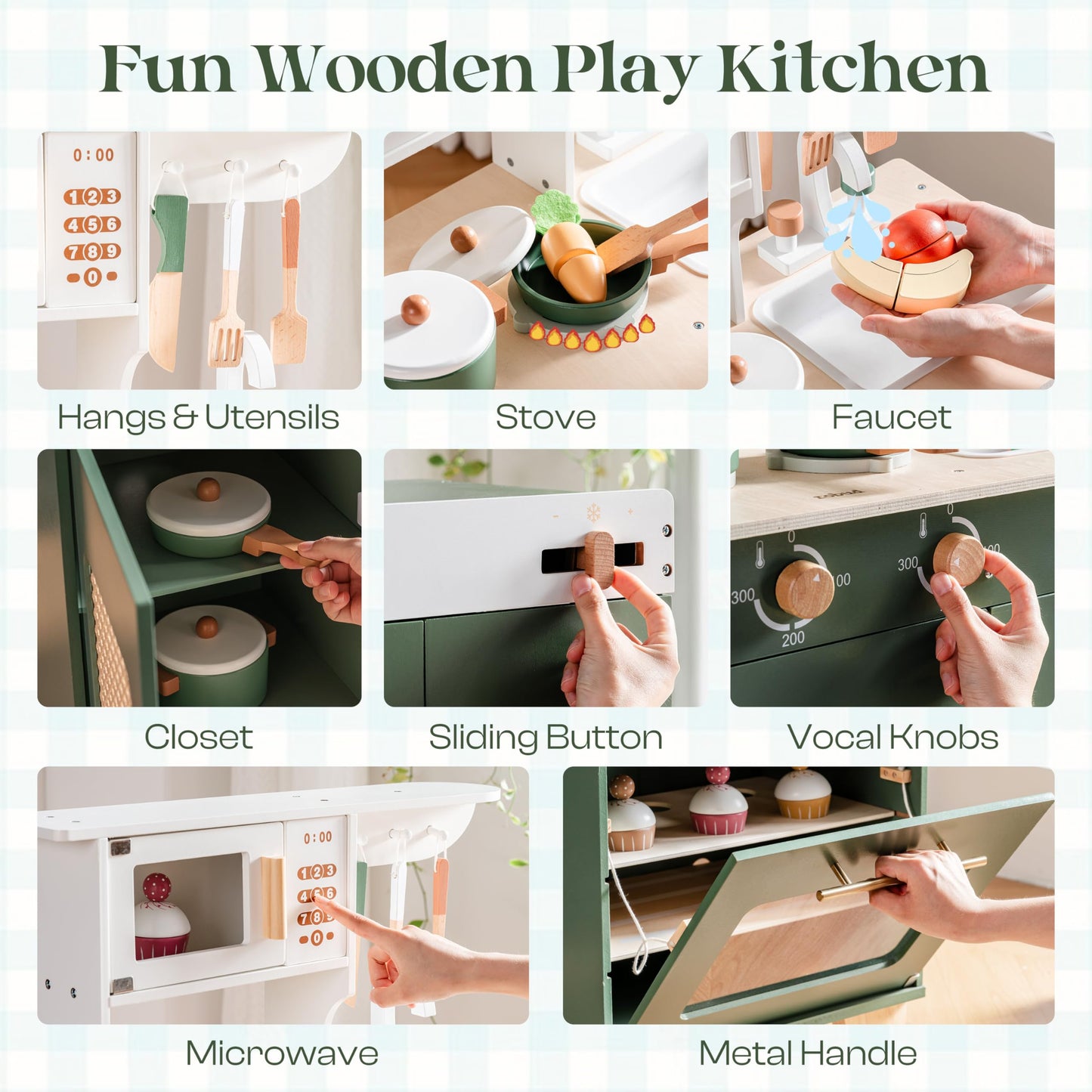 ROBOTIME Play Kitchen with Toy Fridge, Toy Oven, Wooden Kids Kitchen Play Set, Toy Kitchen Set for Kids Age 3 4 5 6 7 (Vintage Green)
