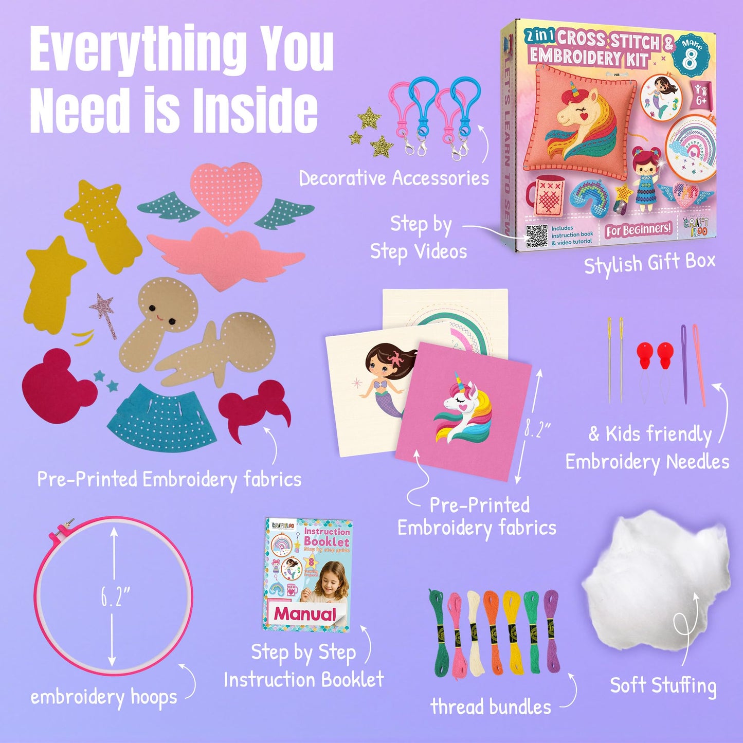 CRAFTILOO 2 in1 Cross Stitch & Embroidery Kit for Kids Ages 6+ Make 8 Projects Backpack Charms, Keyring, Doll, Wall Art, Unicorn Pillow & Card Holder Beginner Needlepoint & Creative Gift Set