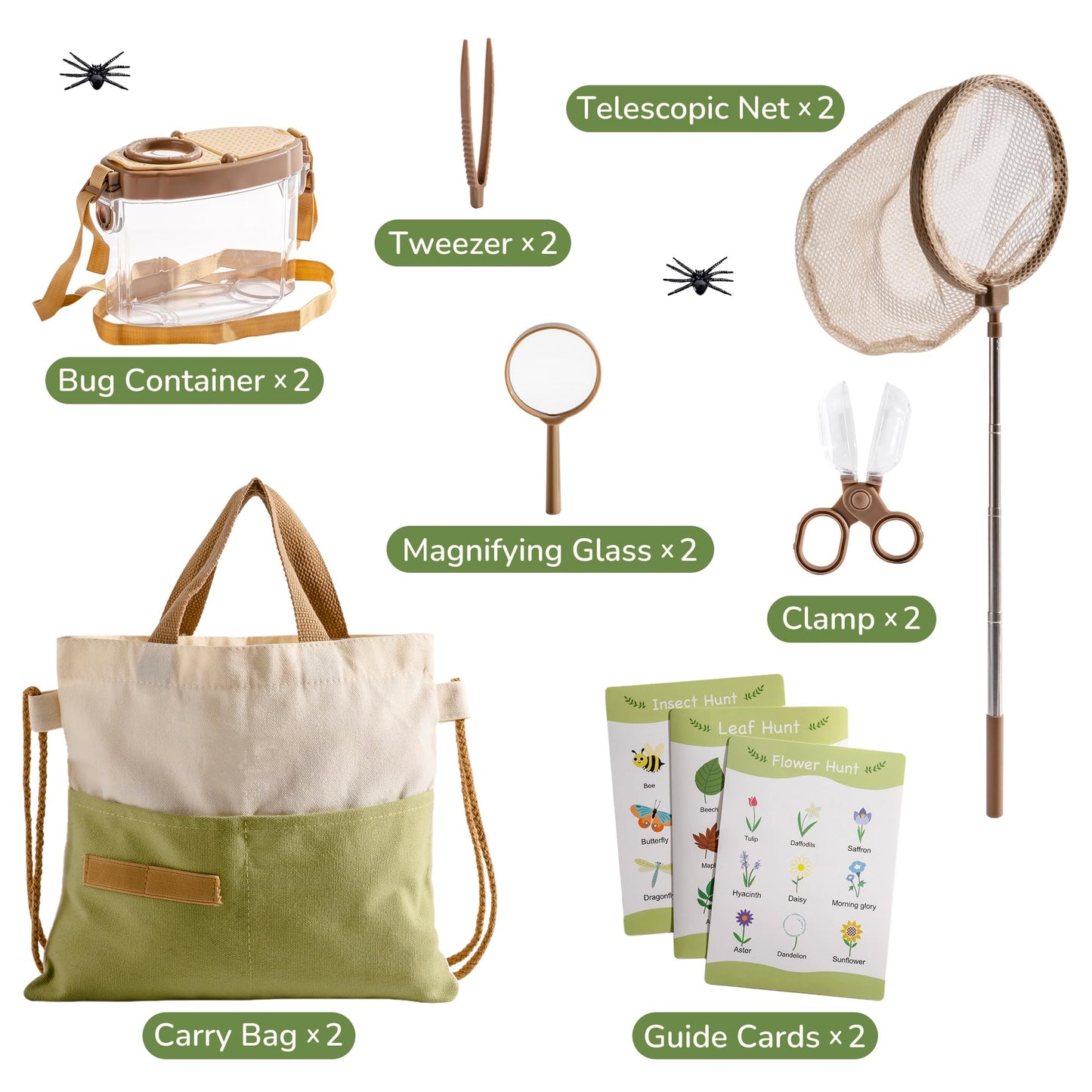 ROBOTIME 2Sets Bug Catcher for Kids, Sturdy Bug Catching Kit with Butterfly Net, Insect Box, Magnifying Glass, Tweezer, Clamp, Cards and Carry Bag, Bug Habitat Outdoor Explorer Kit for Kids 3-12