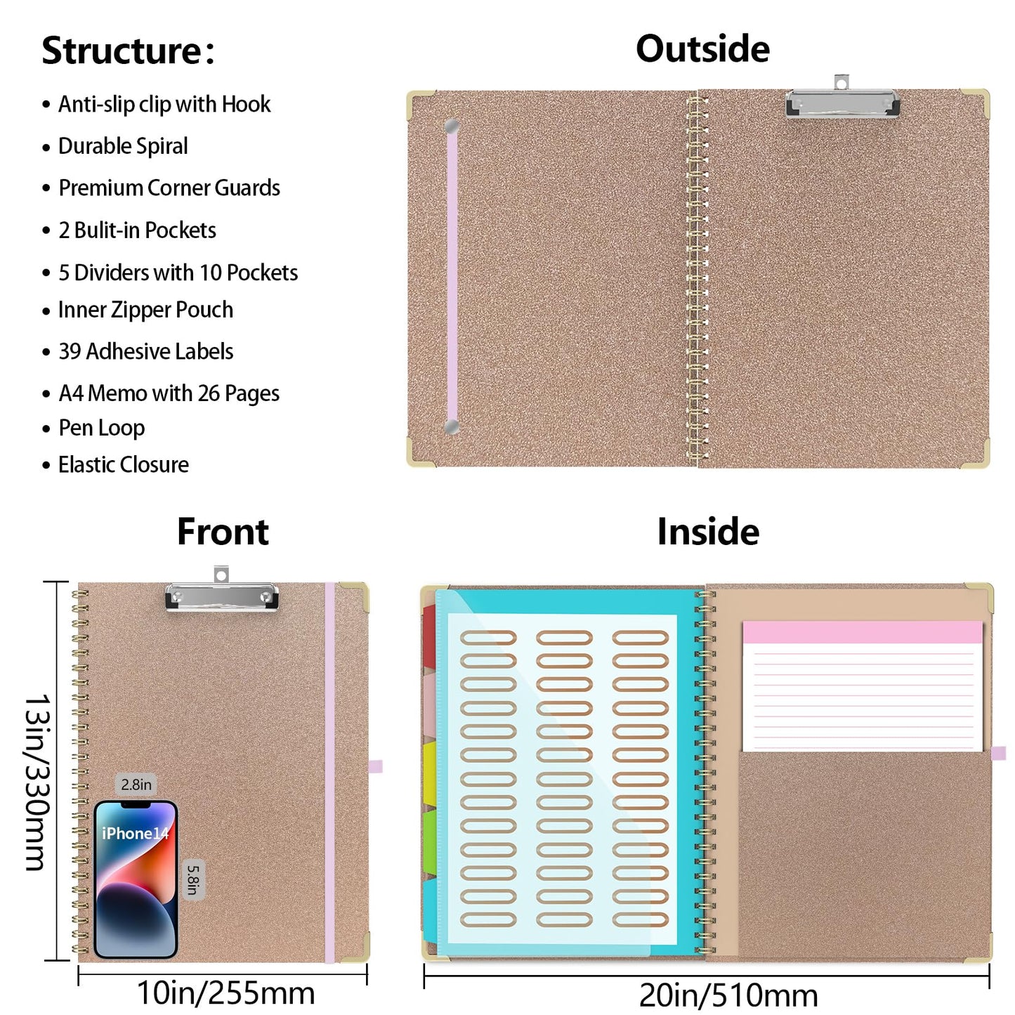Clipboard Folio with Storage Clipboards Padfolio Notebook for Letter Size (11" x 8.5"), Clipboards with 10 Pockets and 5 Folders Nursing Teacher School Essentials (Pink)