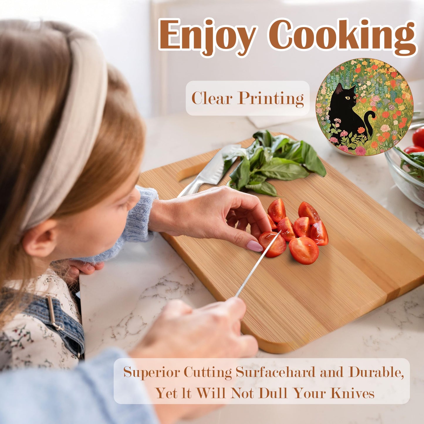 WARDOS Floral Black Cat Cutting Chopping Board, Cat Lovers Mom Lady Gifts, Wildflower Black Kitten Kitty Bamboo Cutting Boards for Spring Kitchen