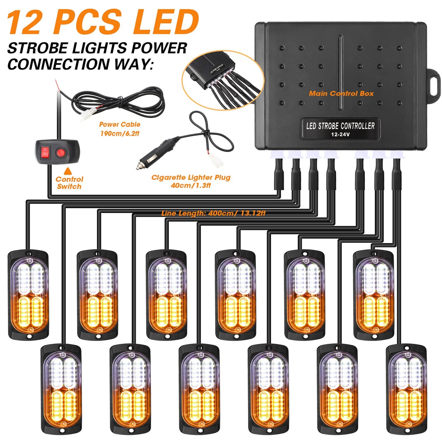 12 Pcs Emergency Lights for Vehicles Truck Flush Mount LED Emergency Lights with Control Box Wiring Hazard Warning Amber Strobe Lamp for Vehicle Truck Car Roadside