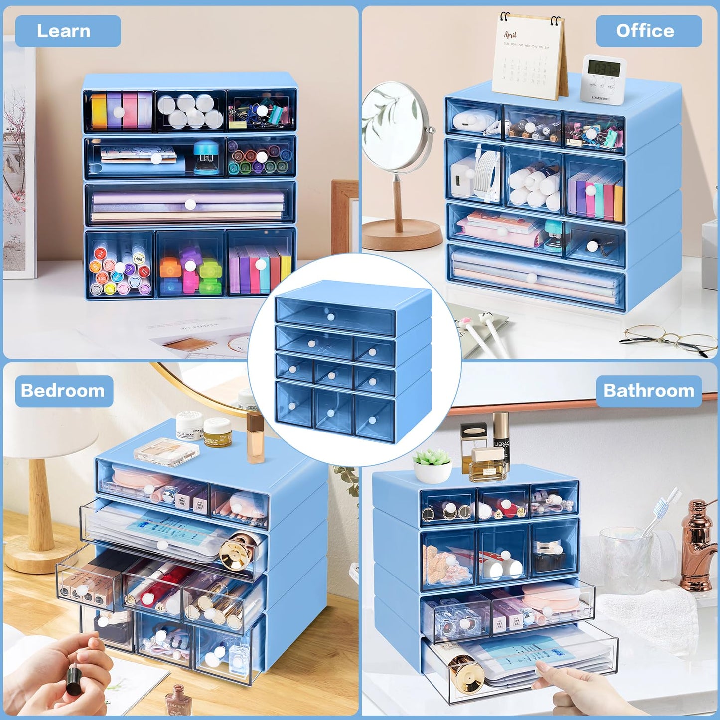FODIENS Desk Storage Organizer with 9 Drawers, 4 Tiers Stackable Desktop Craft Storage Drawers, Clear Storage Box Caddy for Stationary Makeup Jewelry Office Craft Supplies (Blue)