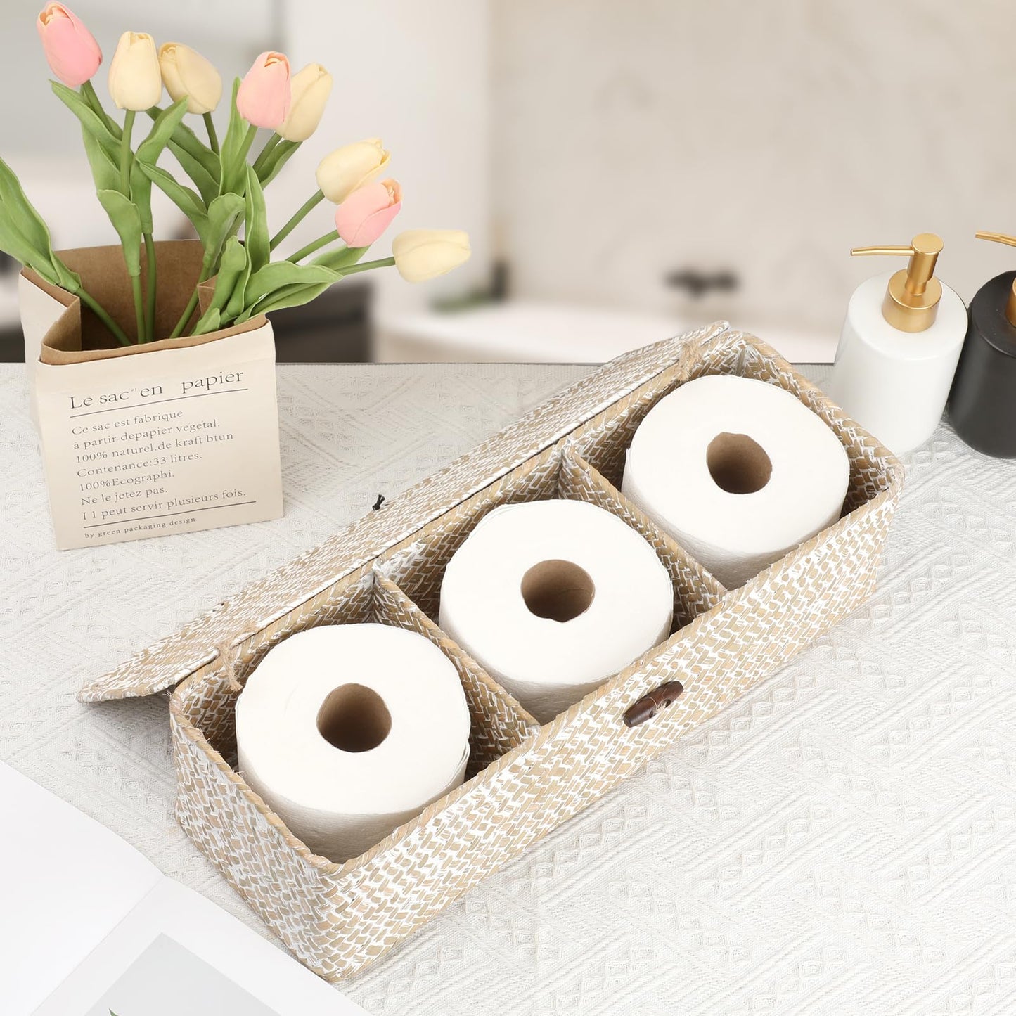 Hipiwe Storage Basket with Lid 3 Sections Handwoven Seagrass Basket Rectangular Closet Organizer Bin Multipurpose Storage Box for Bathroom Shelf Kitchen, Whitewash