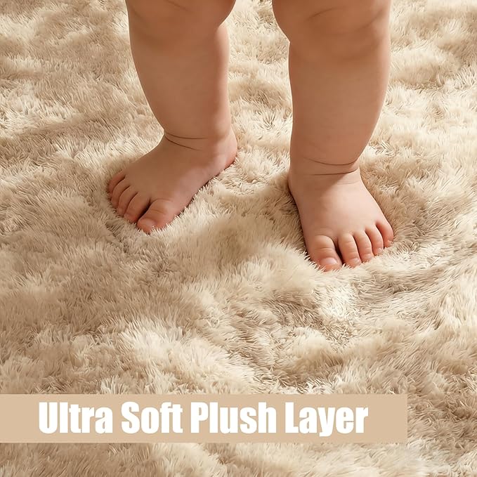 Fluffy Round Rug,Soft Area Rugs for Girls Room,Shaggy Rugs 5'X5' for Living Room,Non Slip Circle Rug for Kids Bedroom,Shag Plush Nursery Carpets,Fuzzy Rug for Dorm,Room Decor Carpet,Tie-Dyed Beige