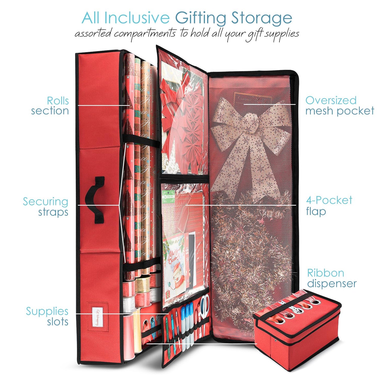 Hearth & Harbor Wrapping Paper Storage Container - Christmas Storage Bag with Ribbon Dispenser and Interior Pockets - Gift Wrap Organizer Fits Up to 26 Rolls of 40" Length, Red
