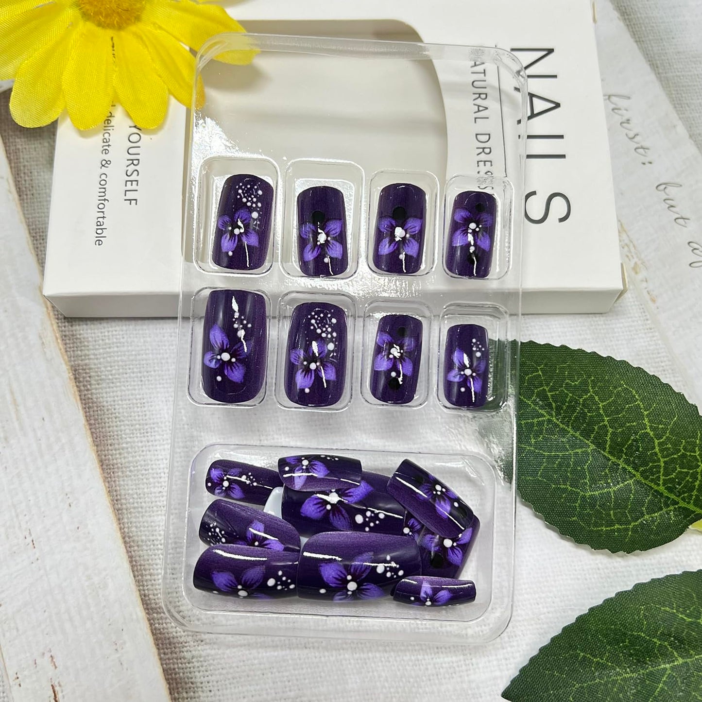 Purple Flower Press on Nails Medium Square Fake Nails with Floral Designs Black False Nail Full Cover Glossy Acrylic Artificial Fingernails Spring Summer Stick on Nail for Women 24Pcs