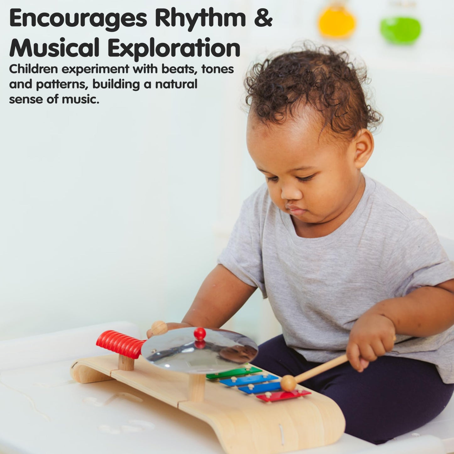 PlanToys® Musical Set Wooden Montessori Drum, Cymbal and Xylophone Toy | Early Sensory Exploration, Coordination and Creative Expression | Eco Friendly Music Set