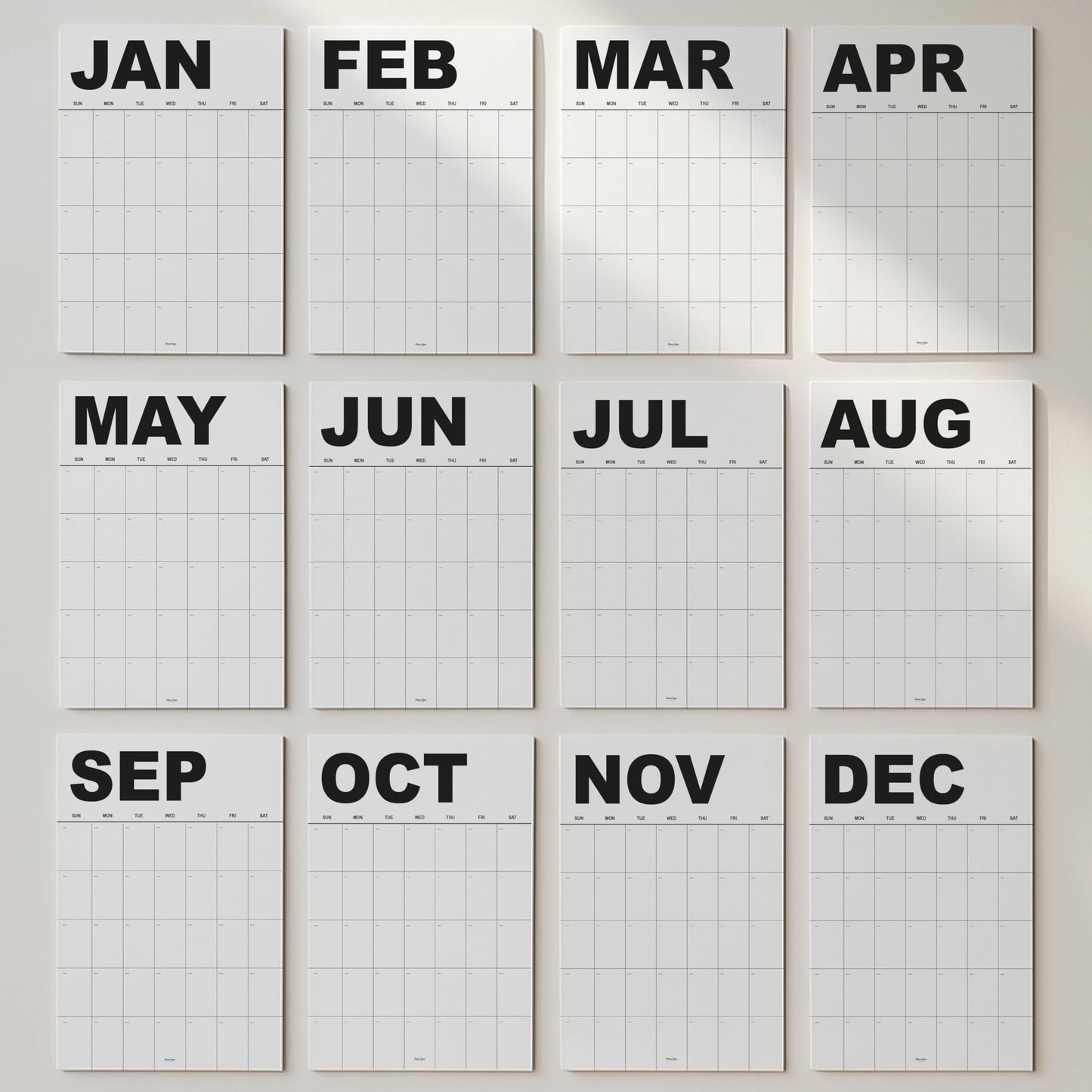 Dry Erase Undated Wall Calendar Planner – Minimal Black Design, Set of 12 A3 Monthly Sheets, Premium Thick Paper, Large Daily Boxes, Glossy Reusable Surface, Packed Flat – Not Folded